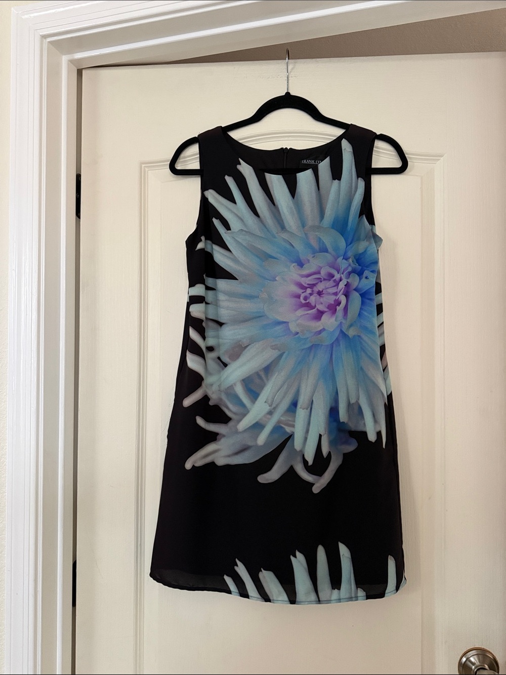 Frank Lyman Design Black Mini Dress with Blue and Lavender Floral Print